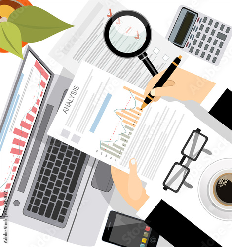 Concepts for business planning and accounting, analysis, audit, project management, marketing, research in flat design style.