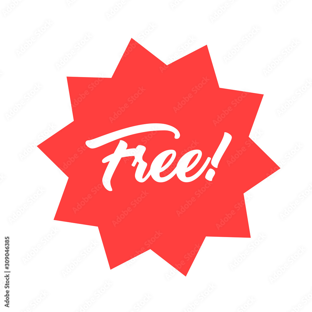 Free! badge banner. Attention grabber design element. Star label for marketing offer. Free! badge banner. Attention grabber design element. Star label for marketing offer.