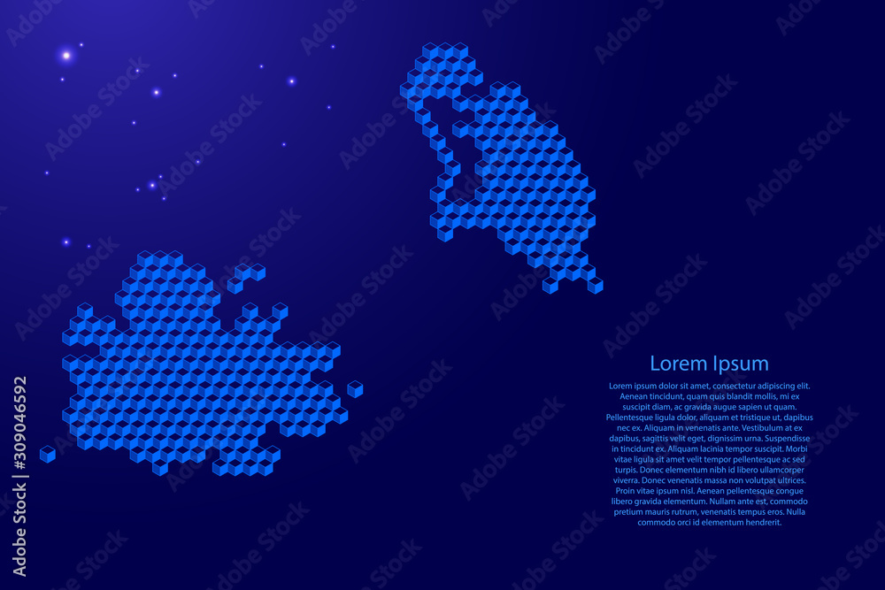 Antigua and Barbuda map from 3D blue cubes isometric abstract concept, square pattern, angular geometric shape, glowing stars. Vector illustration.
