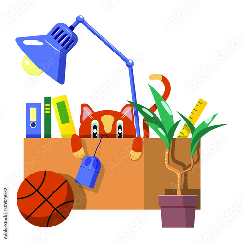 Cardboard box with lamp, computer mouse, folders, ruler and red cat inside. Moving to a new home or pets misbehavior concept. Vector isolated. Ready to relocation packaging. Positive flat cartoon.
