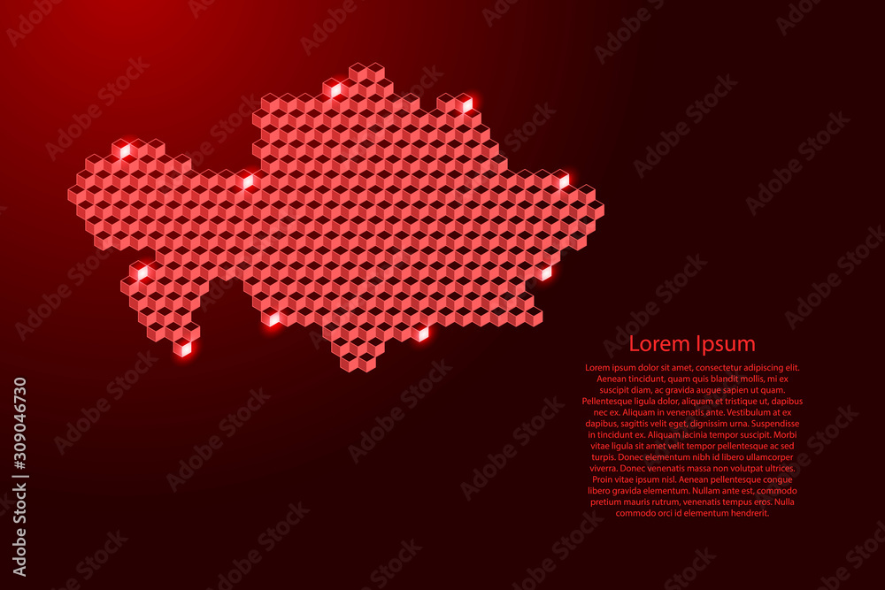 Kazakhstan map from 3D red cubes isometric abstract concept, square pattern, angular geometric shape, for banner, poster. Vector illustration. Kazakhstan map from 3D red cubes isometric abstract concept, square pattern, angular geometric shape, for banner, poster. Vector illustration.