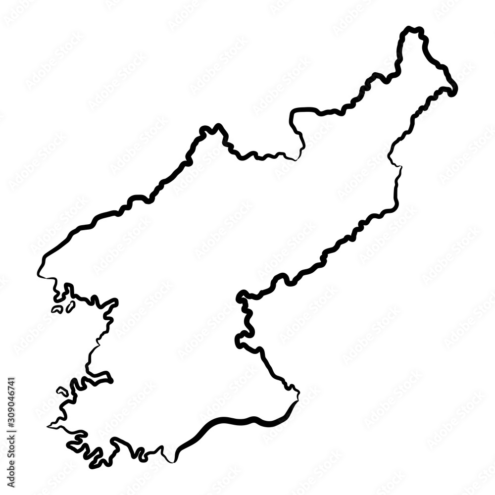 Fototapeta premium North Korea map from the contour black brush lines different thickness on white background. Vector illustration.