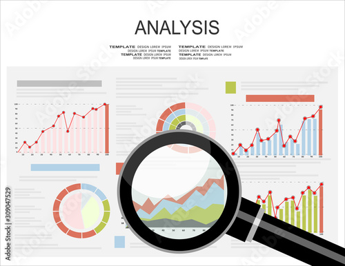 ANALYSIS. business infographics, statistics data, magnifying lens, financial analytics, business concept