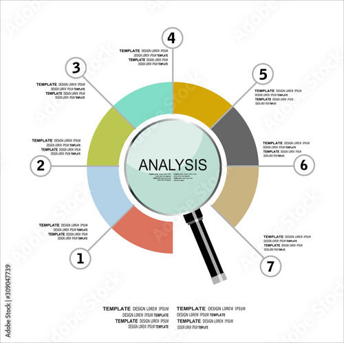 ANALYSIS. business infographics, statistics data, magnifying lens, financial analytics, business concept