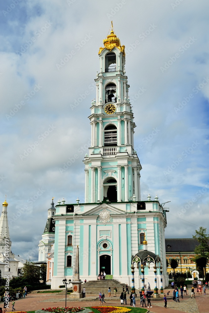 Sergiev Posad, Moscow region, Russia - August 15, 2019: Trinity-Sergiev Lavra, five-tier white stone bell tower with belfry