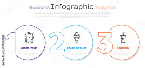 Set line Sandwich, Ice cream in waffle cone and Paper glass with drinking straw and water. Business infographic template. Vector