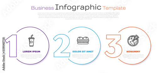 Set line Paper glass with drinking straw and water, Sandwich and Pizza. Business infographic template. Vector