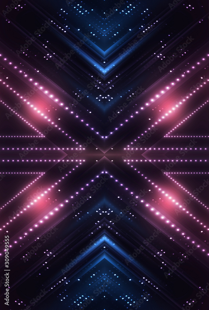 Obraz premium Neon lights background. Abstract background, neon lines. Dark empty scene, neon. Abstract futuristic neon background. Searchlight light, wet asphalt, smoke, night view, rays.