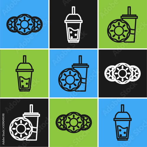 Set line Donut with sweet glaze, Paper glass with drinking straw and donut and Glass of lemonade with drinking straw icon. Vector