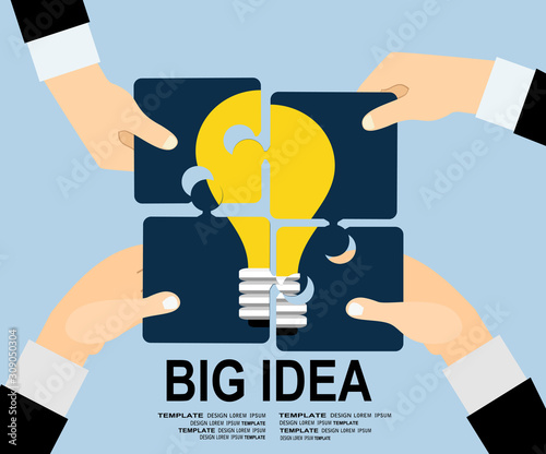 Flat design concept of Big Idea. Flat design for Website Element, Web Template, Creative team sitting at table and putting together puzzle pieces with light bulb picture, 