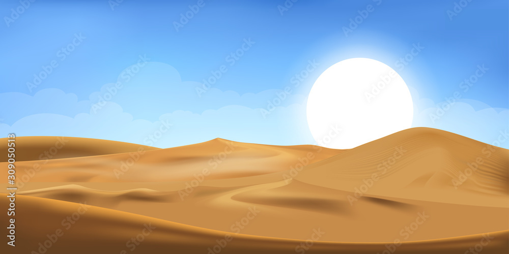 Φωτογραφία Vector illustration of desert panorama landscape with sand dunes on very hot sunny day summer, Minimalist panoramic cartoon nature empty sand and sun with clean sky
