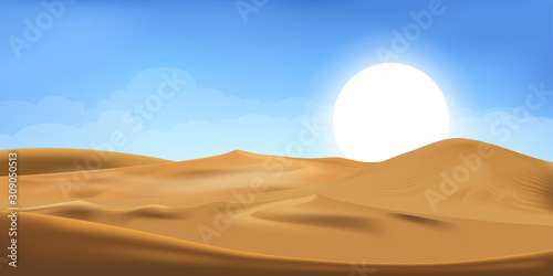 Vector illustration of desert panorama landscape with sand dunes on very hot sunny day summer, Minimalist panoramic cartoon nature empty sand and sun with clean sky.