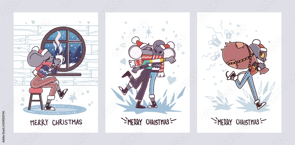 Set of Christmas cards with cute cartoon mice in vector. Funny and happy new year of mouse or rat. Chinese symbol 2020 new year. Set of Christmas cards with cute cartoon mice in vector. Funny and happy new year of mouse or rat. Chinese symbol 2020 new year.