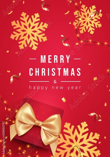 Merry Christmas greeting card or poster with Chrirstmas decor fir twigs and confetti, vector illustration.