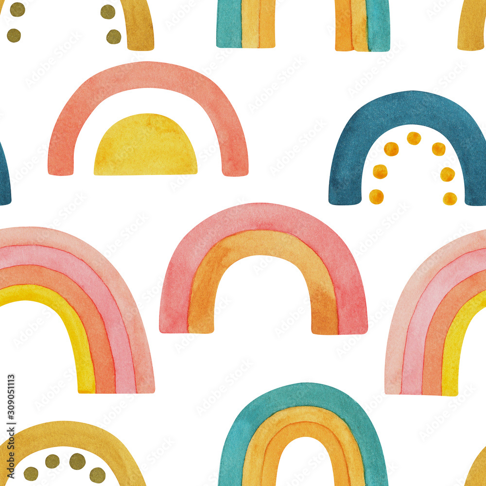 Seamless pattern rainbows on isolated white background, watercolor hand ...