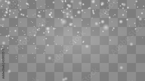 Snow falling on transparent. Realistic snowfall overlay background. 16x9 Stock vector illustration