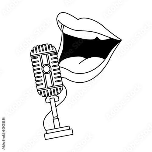 retro microphone and comedian mouth icon, flat design