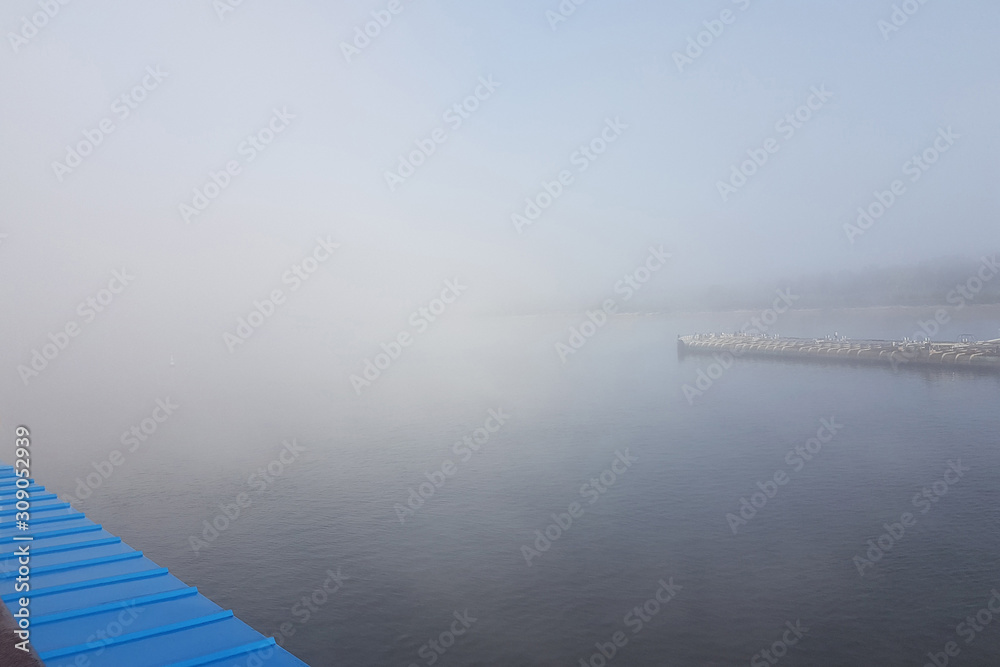 Russia. Volga river. Misty morning on the Volga river. Ahead of the ship, nothing is visible