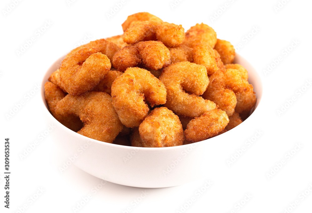 A Bowl of Popcorn Shrimp Isolated on a White Background A Bowl of Popcorn Shrimp Isolated on a White Background