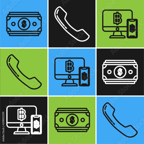 Set line Stacks paper money cash, Computer monitor with mobile phone and bitcoin and Telephone handset icon. Vector