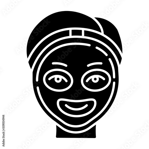 Cosmetology glyph icon. Spa facial treatment. Medical procedure. Face mask for rejuvenation. Skincare and healthcare. Beauty salon. Silhouette symbol. Negative space. Vector isolated illustration