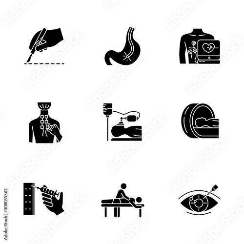 Medical procedure glyph icons set. Surgery. Endoscopy. Electrocardiogram. Physiotherapy. Anesthesia. Tomography. Massage. Vision correction. Silhouette symbols. Vector isolated illustration