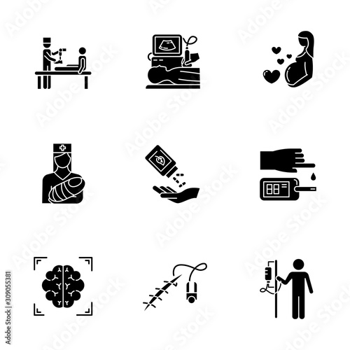 Medical procedure glyph icons set. Prosthetics. Ultrasound diagnostic. Pregnancy, pediatrics. Homeopathy. Blood test. Brain scan. Stitching. Dropper. Silhouette symbols. Vector isolated illustration