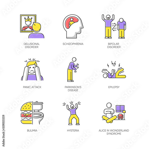 Mental disorder color icons set. Delusion and schizophrenia. Bipolar disorder. Panic attack. Parkinson disease. Epilepsy. Bulimia. Hysteria. Alice in wonderland syndrome. Isolated vector illustrations