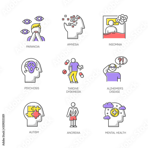 Mental disorder color icons set. Paranoia, psychosis. Amnesia, insomnia. Tardive dyskinesia. Alzheimer disease. Autism. Anorexia. Anxiety and depression. Health issue. Isolated vector illustrations