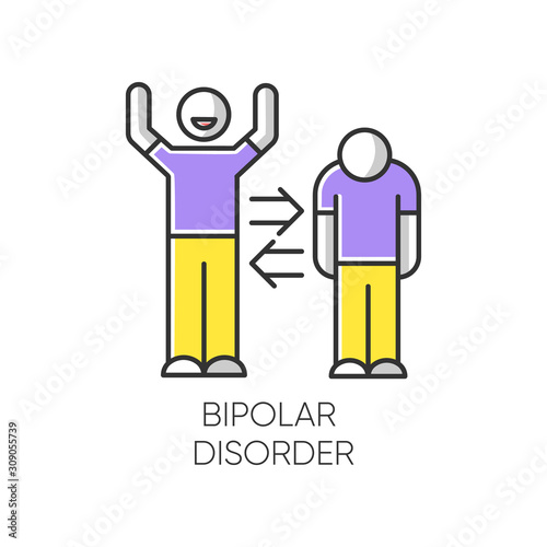 Bipolar disorder color icon. Manic and depressive episodes. Split personality. Mood change. Problematic attitude. Sad and happy. Emotional swing. Mental health issues. Isolated vector illustration