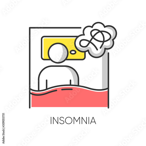 Insomnia color icon. Sleep deprivation. Person awake. Sleeplessness from stress and anxiety. Exhaustion, fatigue. Depression, worry. Mental disorder. Psychological issue. Isolated vector illustration