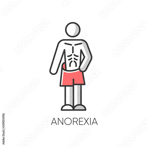 Anorexia color icon. Eating disorder. Underweight body mass. Anxiety and depression. Slim and skinny person. Unhealthy weight loss. Mental health. Clinical psychology. Isolated vector illustration