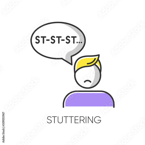 Stuttering color icon. Speech problem. Repetition in talking. Sound and syllable prolongation. Oral communication issue. Anxiety and stress. Mental disorder. Isolated vector illustration