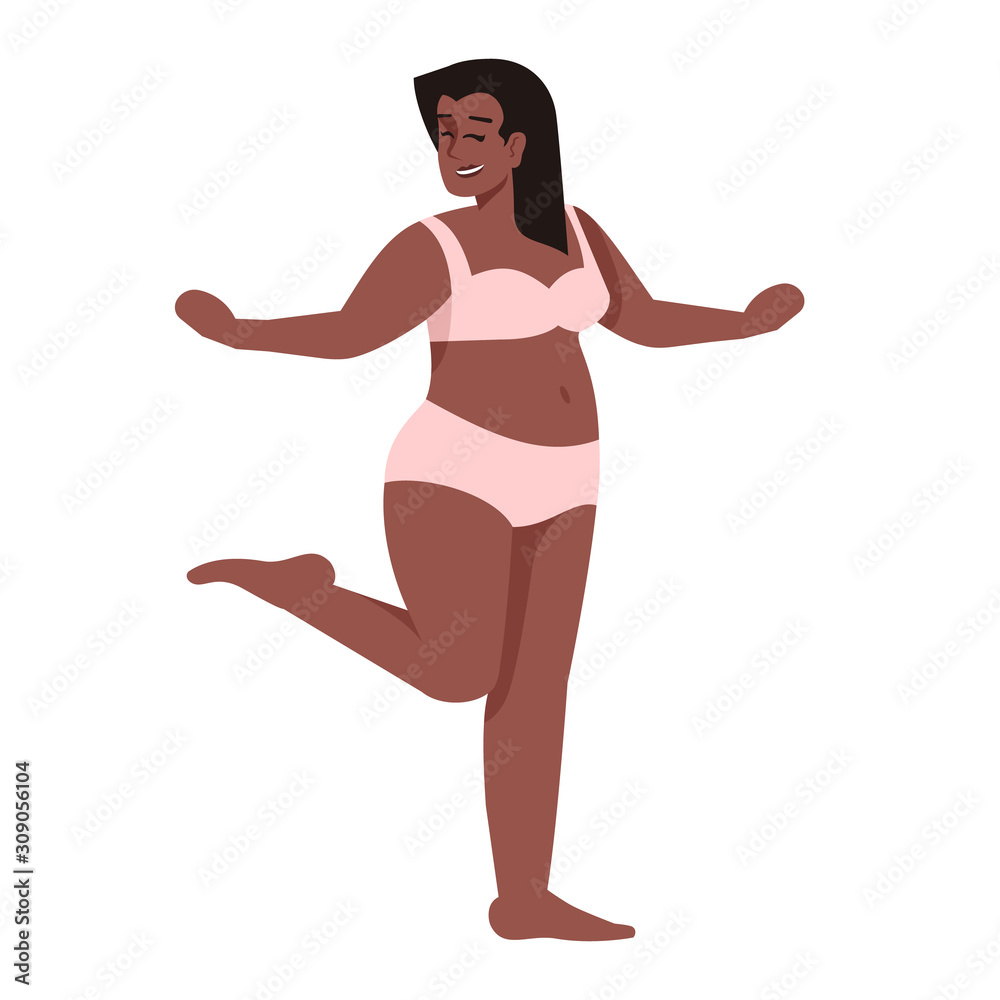 Woman dressed in two-piece swimsuit flat vector illustration. Body positive and feminism. Excess weight. Plus size figure. African american smiling lady isolated cartoon character on white background Woman dressed in two-piece swimsuit flat vector illustration. Body positive and feminism. Excess weight. Plus size figure. African american smiling lady isolated cartoon character on white background