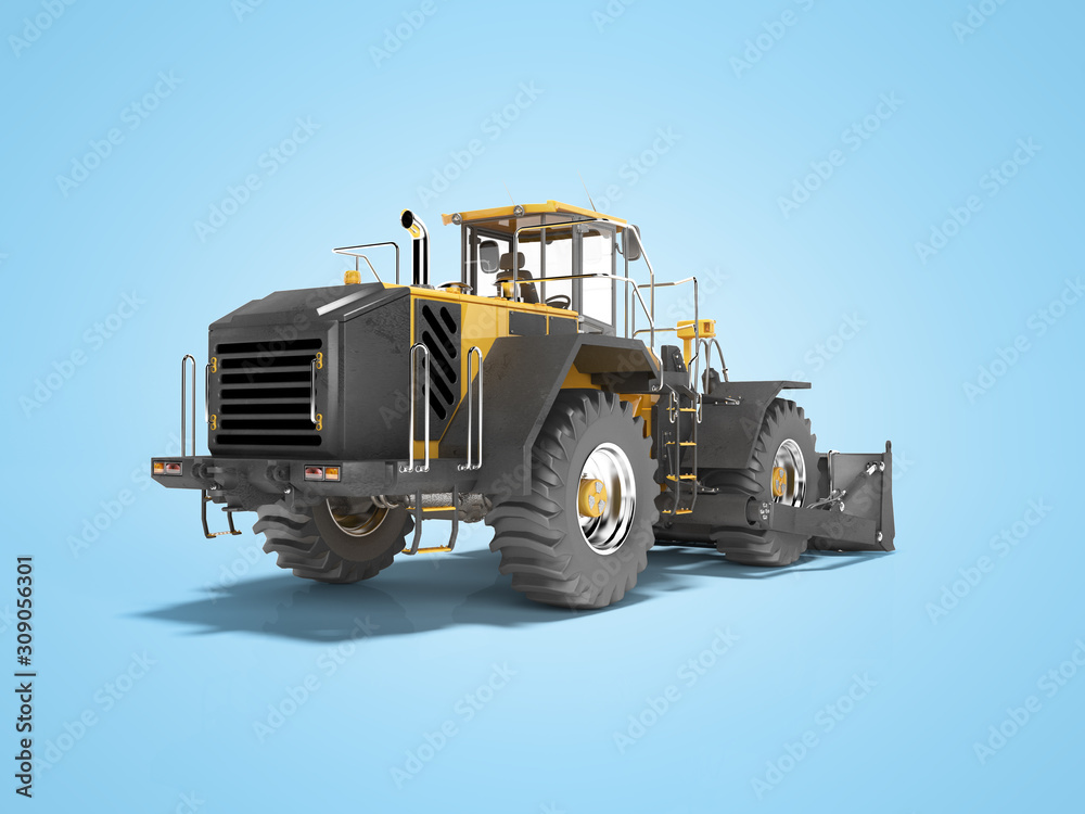Bulldozer wheel universal orange isolated 3D rendering on blue background with shadow