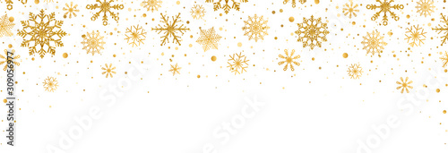 Golden snowflakes frame with different ornaments. Gold snowflakes falling on white background. Luxury Christmas garland. Winter ornament for packaging, cards, invitations. Vector illustration