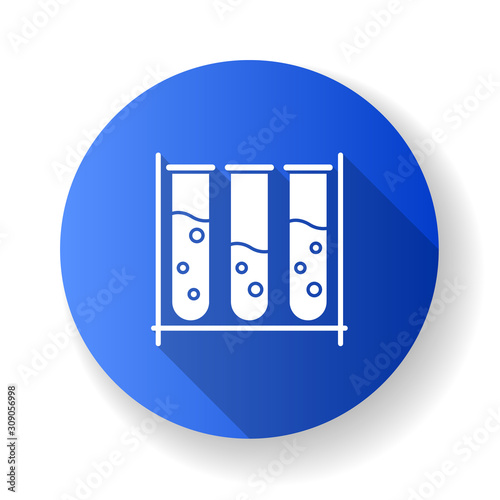 Lab test tubes blue flat design long shadow glyph icon. Organic chemistry research. Laboratory work. Interaction with chemicals. Scientific experiment. Vector silhouette illustration