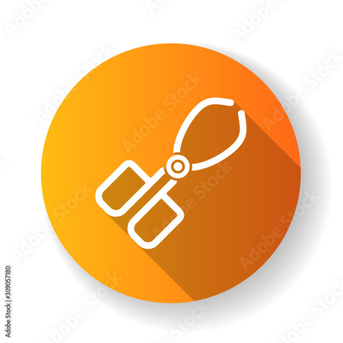 Crucible tongs yellow flat design long shadow glyph icon. Surgeon, doctor equipment. Stainless steel lab instrument. Beaker pliers. Forceps clamp. Organic chemistry. Vector silhouette illustration