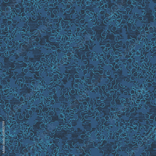 Indigo curl tracery mottled sketchy curl worm like distressed navy blue seamless repeat vector pattern swatch.