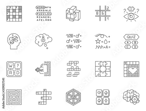 Puzzles and riddles linear icons set. Mental exercise. Challenge. Language, vocabulary test. Brain teaser. Thin line contour symbols. Isolated vector outline illustrations. Editable stroke