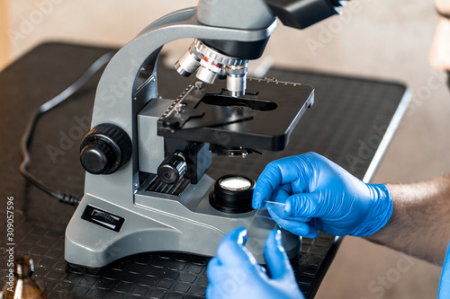 Male laboratory assistant examining biomaterial samples in a microscope. Cllose up hands in blue rubber gloves adjust microscope photo