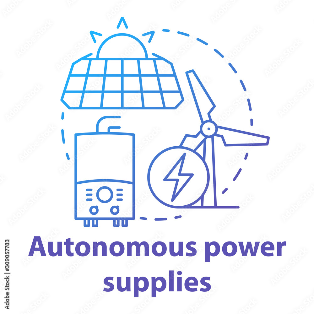 Autonomous power supplies blue gradient concept icon. Sustainable smart house idea thin line illustration. Producing energy methods. Sun batteries and windmills. Vector isolated outline drawing Autonomous power supplies blue gradient concept icon. Sustainable smart house idea thin line illustration. Producing energy methods. Sun batteries and windmills. Vector isolated outline drawing