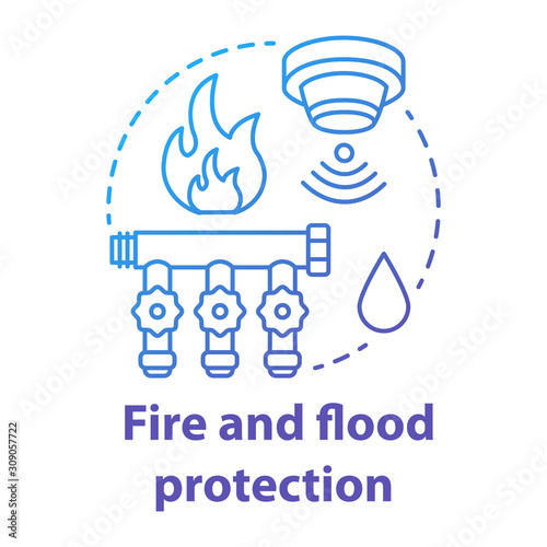 Fire and flood protection blue gradient concept icon. Smart house idea thin line illustration. Innovative technology for apartment. Smoke and water detectors. Vector isolated outline drawing