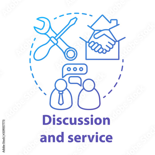 Discussion and service blue gradient concept icon. Smart house customer support idea thin line illustration. Helping with innovative technology problems. Vector isolated outline drawing