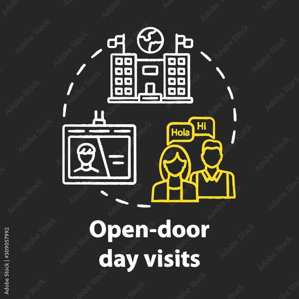 Open door day visits chalk concept icon. Presentation of international university. Study invitation. University entrance idea. Vector isolated chalkboard illustration