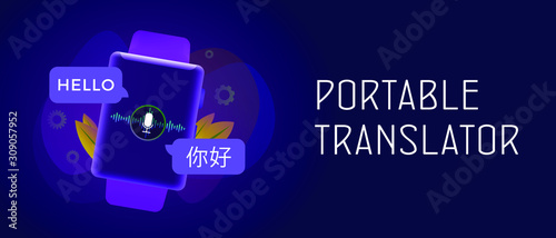 Portable electronic language translator - digital application on smartwatch. Translation of the word "hello" from English to Chinese. Header and footer banner template with text.