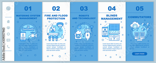 Smart house onboarding mobile web pages vector template. Home control system. Responsive smartphone website interface idea with linear illustrations. Webpage walkthrough step screens. Color concept