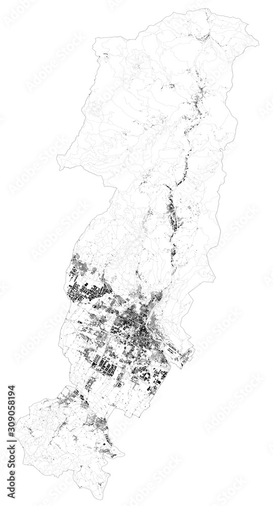 Satellite map of province of Prato, towns and roads, buildings and connecting roads of surrounding areas. Tuscany, Italy. Map roads, ring roads