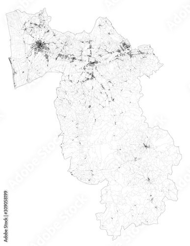 Satellite map of province of Pisa, towns and roads, buildings and connecting roads of surrounding areas. Tuscany, Italy. Map roads, ring roads