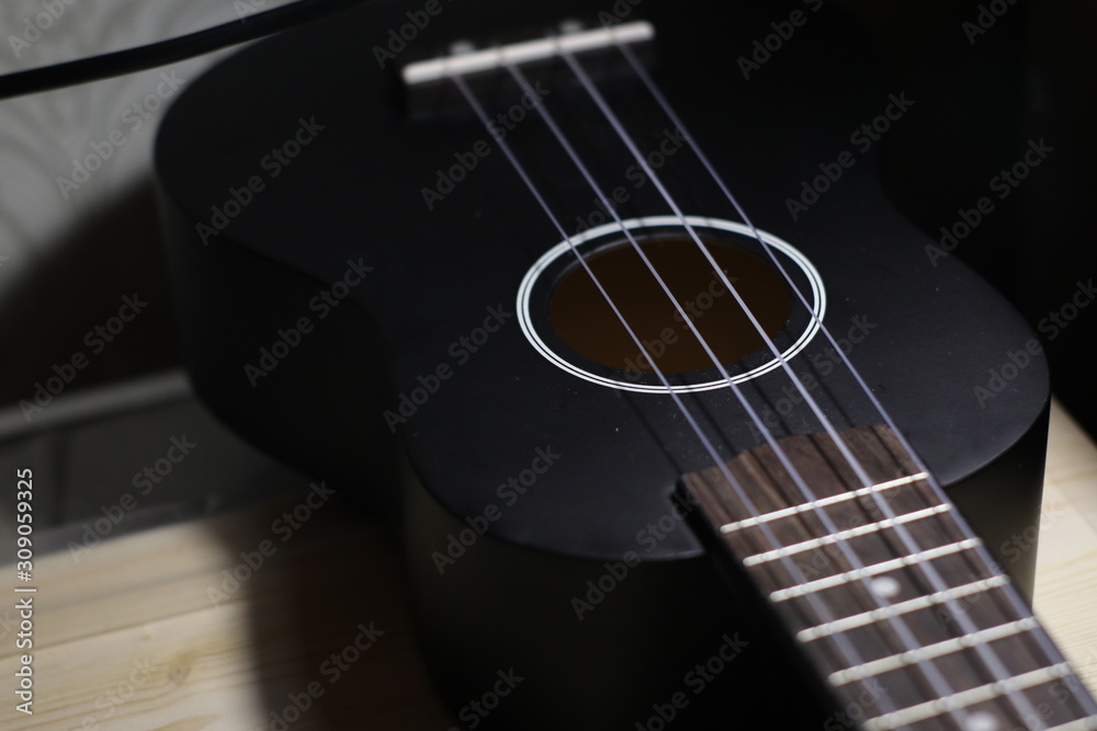 Obraz premium strings ukulele close up on black background